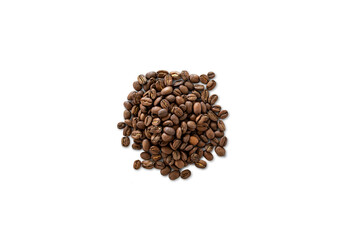 Closeup of a pile of organic whole roasted coffee beans isolated on a transparent background from above without shadow, top view, png