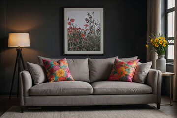 Modern Living Room with Gray Sofa Colorful Pillows and Floral Wall Art