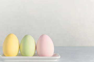 Fototapeta premium neat trio of pastel yellow pink and green easter eggs arranged on clean white ceramic tray with soft light