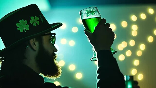The blurred silhouette of a man with a green leprechaun hat toasting with a frosty green beer, bright lights and clovers filling the air in a Saint Patrick's Day celebration.