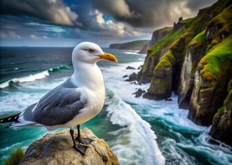 Obraz premium Kittiwake Bird Cliff Edge Portrait: Dramatic Coastal Wildlife Photography
