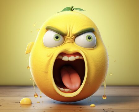 Sour Lemon Cartoon Character. Cute Mascot with Citrus Tartness for Promoting Fruit Products and Bitter Snacks