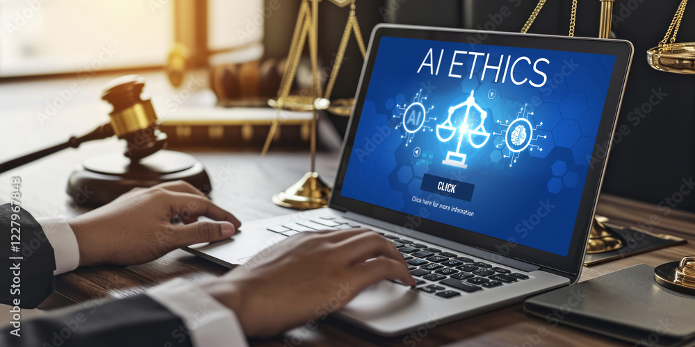 Poster ai ethics responsibility standard law and rules on computer screen provide report of ai ethic transp
