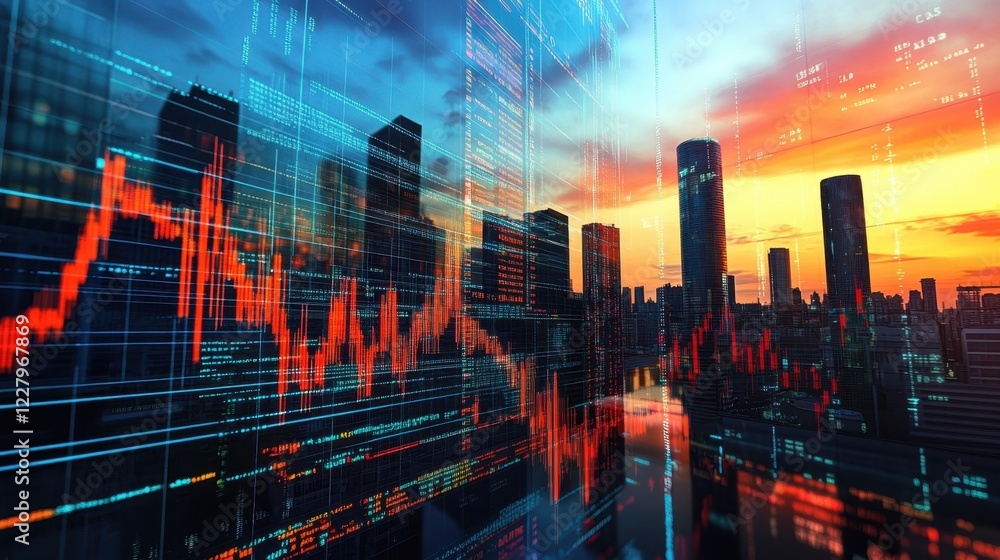 Poster lines of code and financial market data are projected on a modern cityscape with skyscrapers at suns