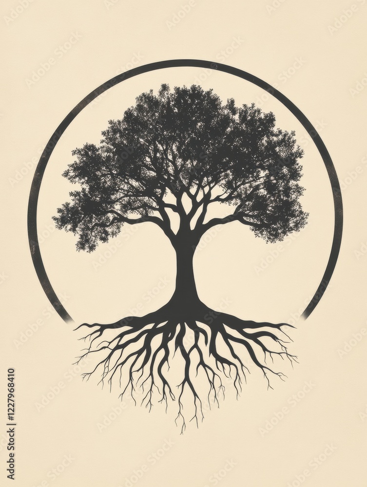 Leinwandbilder tree of life design featuring intricate roots and a circular outline in a minimalist style. generati