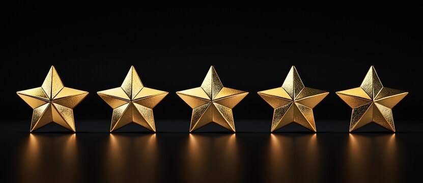 Golden five-pointed stars aligned on a dark reflective surface, luxury concept with elegant metallic texture and black background