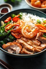 Fototapeta premium A delicious and healthy Asian-inspired stir-fry dish with beef, shrimp, vegetables, rice, and a soy sauce glaze. Perfect for lunch or dinner.