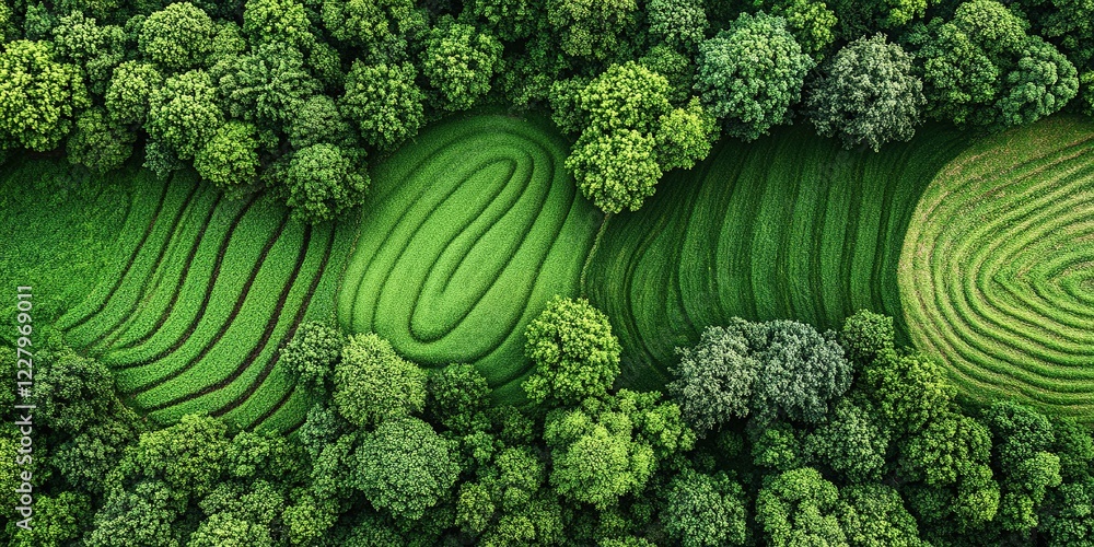 Poster lush green fields showcase intricate patterns of vegetation and trees in a tranquil rural landscape 