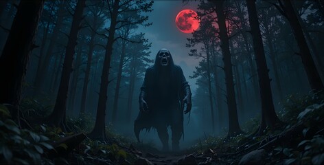 monster in the dark forest and blood red moon 