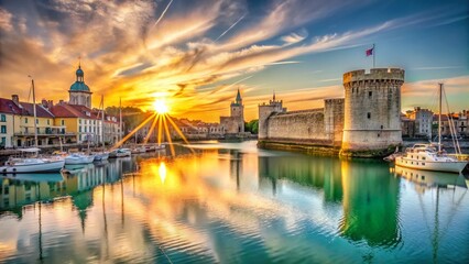 Obraz premium La Rochelle Old Port: Sun-drenched harbor, historic architecture, charming French coastal town.