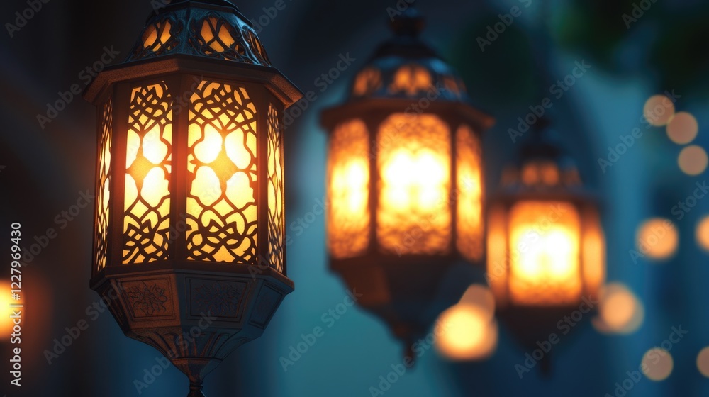Poster three lanterns with a warm glow hanging from a building. the lanterns are lit up and create a cozy a
