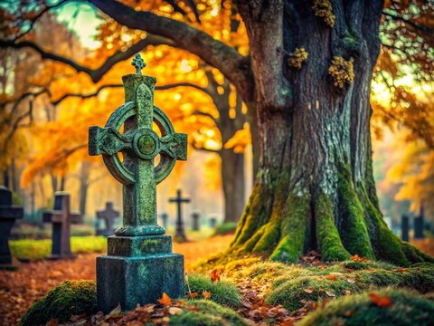 Latvian Oak Tree Tombstone, Cross, Ouroboros Snake, Bokeh, Barbele Cemetery