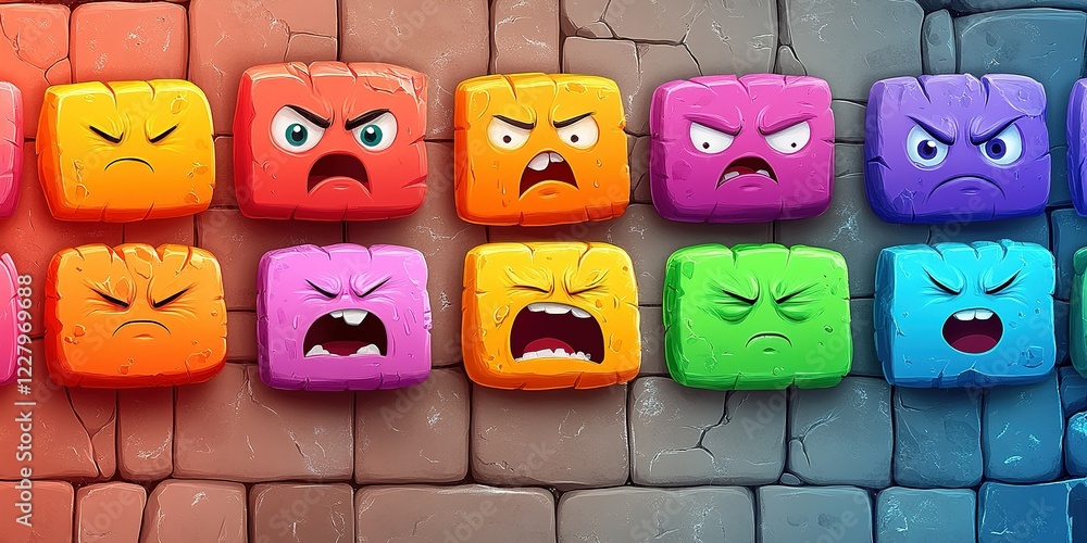 Poster colorful blocks with various facial expressions arranged in a playful grid on a textured background