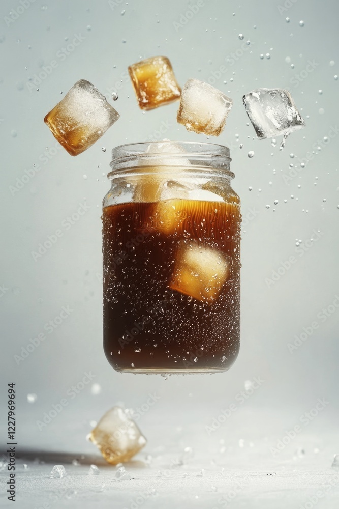 Poster soda with ice cubes falling around it, creating a refreshing and bubbling drink scene.