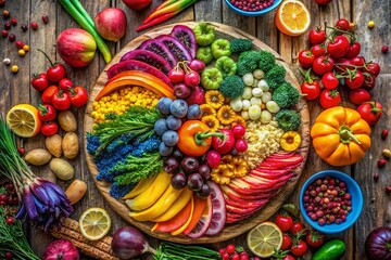 Fototapeta premium Layered Bohemian Rainbow Food Photography: Vibrant Fruit & Veggie Platter