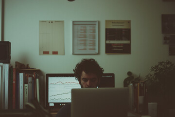 Focused on the Task: A man intently focuses on his work, illuminated by the screen of his computer, highlighting the dedication and determination of a hard worker.