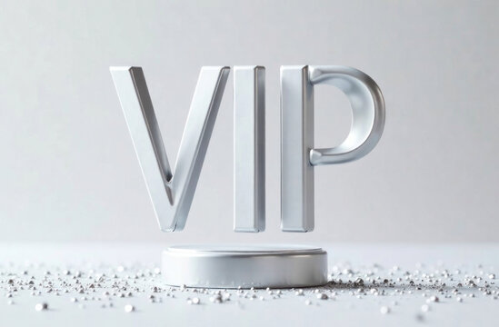 A metallic VIP sign hovers above a circular base surrounded by small shimmering particles on a light background