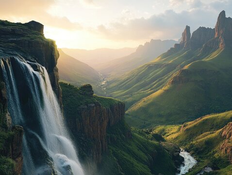 Sunlit waterfall in valley between rocky mountain formations.