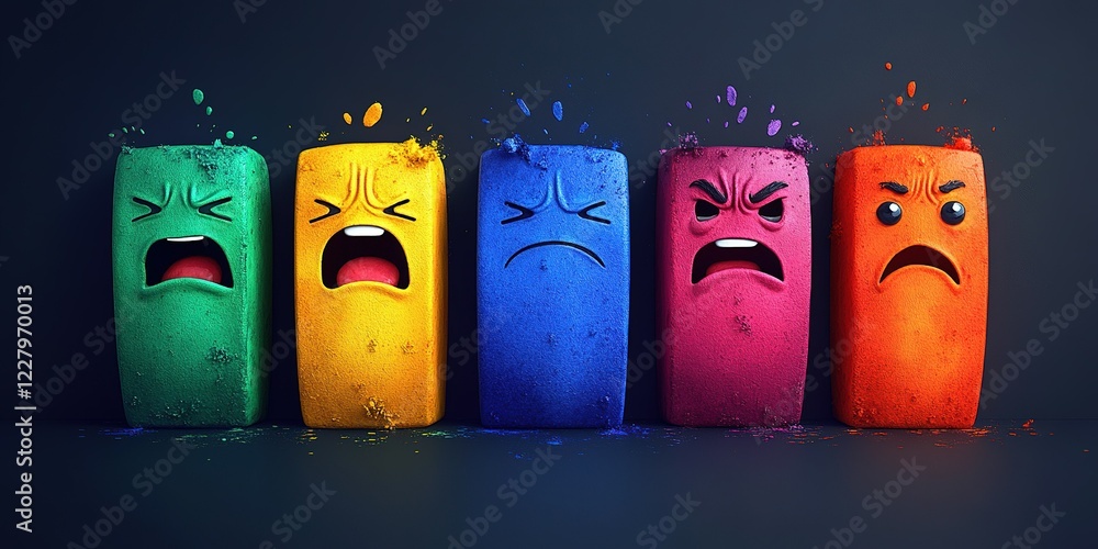 Aufkleber colorful block characters expressing a range of emotions in a vibrant design with dramatic lighting