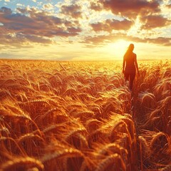 Fototapeta premium Solitary Figure Walking Through a Golden Wheat Field Under Dramatic Skies Concept of Freedom and