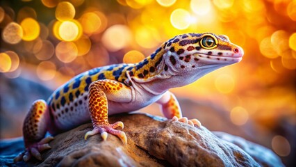 Leopard Gecko Lizard on Rocks with Bokeh Background - Stock Photo