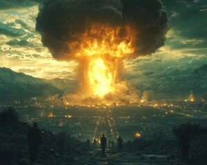 Dramatic Mushroom Cloud Eruption Over Devastated Cityscape in Apocalyptic Aftermath