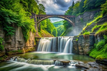Letchworth State Park Waterfall Bridge - Long Exposure Portrait Photography