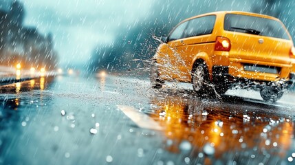 Yellow car driving on wet road during heavy rain