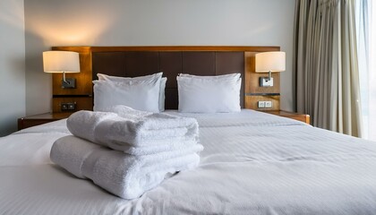 folded white towels on a pristine white bed in a hotel room