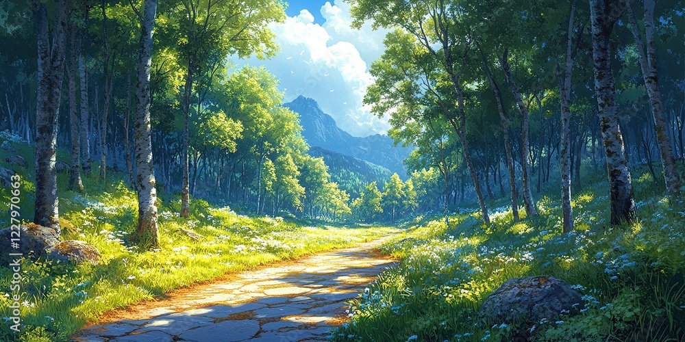 Poster lush green forest path with sunlight filtering through trees on a clear day in a tranquil natural se