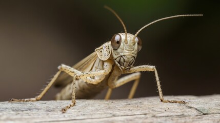 Fototapeta premium Close-up of a light brown grasshopper on a wooden surface.