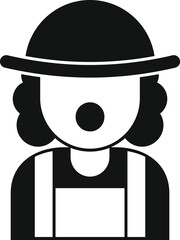 Simple icon of a clown wearing a hat and overalls, with a red nose and curly hair, evoking circus entertainment