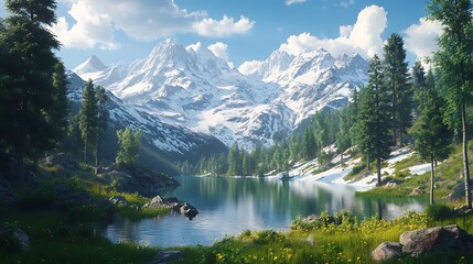 Fototapeta premium Glowing turquoise lake mountain clouds mist peaceful stock photography image