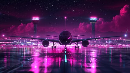 Obraz premium A digital art illustration of an airplane on the runway at night, illuminated by neon lights and stars in the sky.