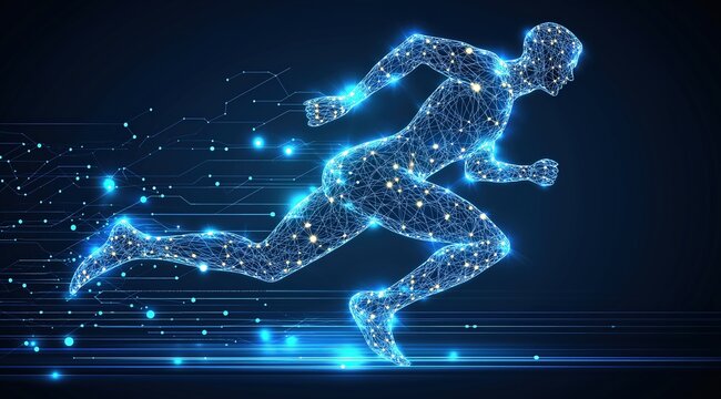 Digital illustration of glowing wireframe figure running in futuristic cybernetic environment with dynamic motion and technology-inspired design