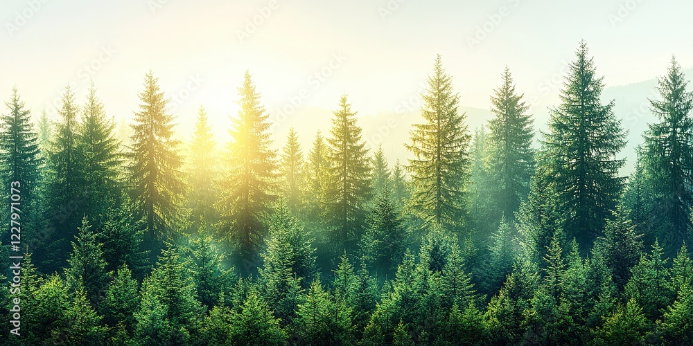 Poster sunlight filters through tall evergreen trees in a tranquil forest at dawn