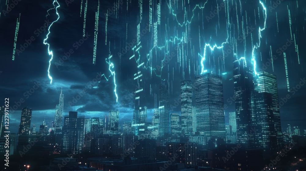 Poster binary code cascading down over a futuristic city, illuminated by flashes of lightning during a powe