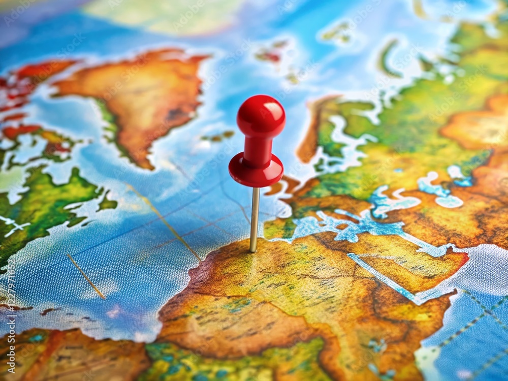 Poster location marker: red map pin on world map background - rule of thirds composition