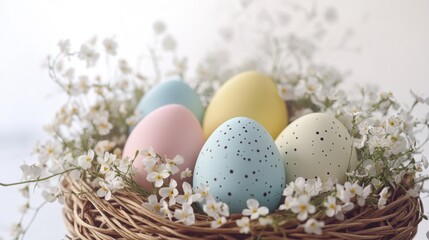 A basket of eggs with white flowers surrounding them. The eggs are of different colors, including blue, yellow, and pink. The basket is placed on a table, and the flowers are scattered around it