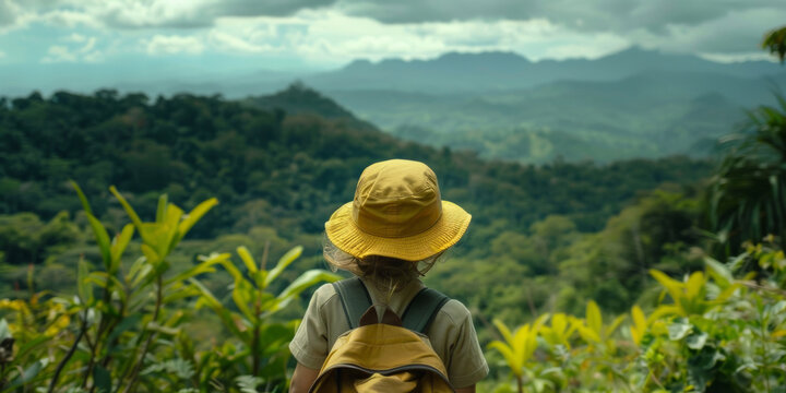 Woman enjoying view of jungle on hills. Female traveler during a hike in the tropical forest. - Powered by Adobe