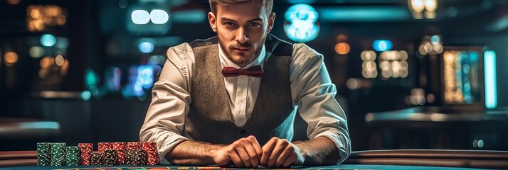 A poised dealer at a card table, showcasing tension and strategy in an upscale casino atmosphere.