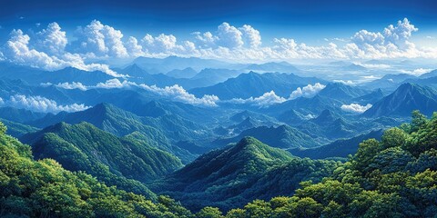 Majestic mountain landscape under a bright blue sky with fluffy clouds and lush greenery