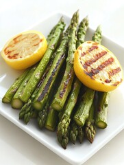 Fresh grilled asparagus spears with lemon slices and garnished with a slice of lemon.
