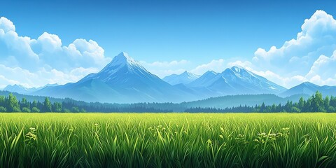 Obraz premium Majestic mountains and lush green fields under a bright blue sky during daytime