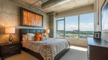 Fototapeta premium Modern City View Bedroom With Exposed Concrete
