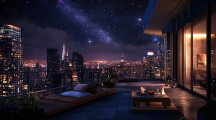 Obraz premium A rooftop terrace with a city skyline at night, a starry sky