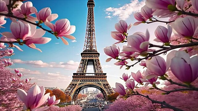Romantic spring scene in Paris featuring the Eiffel Tower framed by blooming cherry blossoms. Spring travel vacation concept