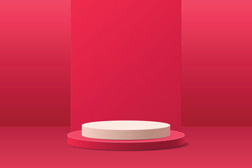 Realistic red and white 3D cylinder pedestal podium with window heart shape background. Valentine minimal scene for products showcase