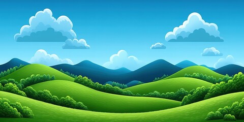 Obraz premium Beautiful green hills under a bright blue sky with fluffy clouds in a vibrant landscape