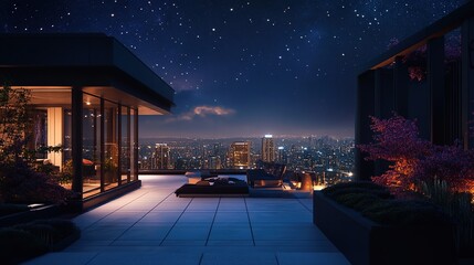 A rooftop terrace with a city skyline at night, a starry sky